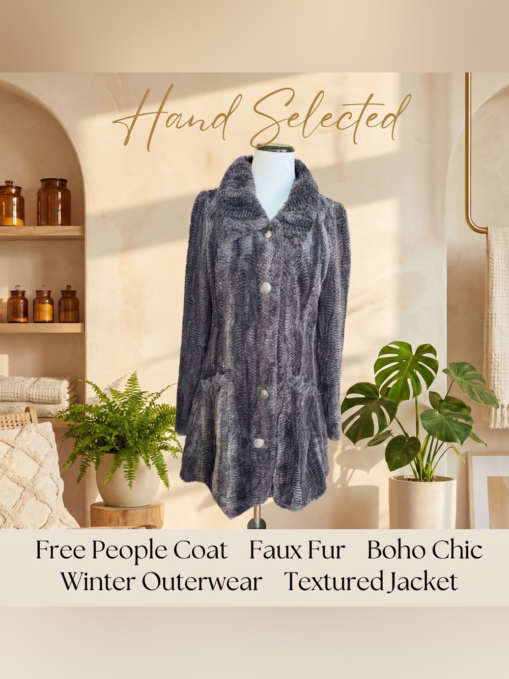 Free People Gray Faux Fur Swirl Textured Coat Gold Buttons Boho Gorpcore L 12